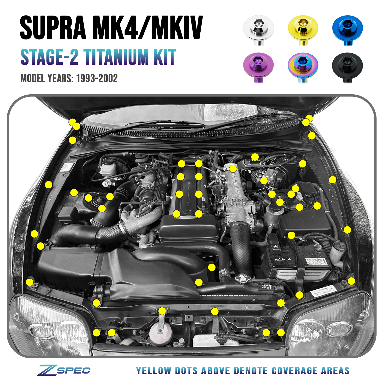ZSPEC Stage-2 Dress Up Bolts® Fastener Kit for '93-02 Toyota Supra MKIV, Titanium