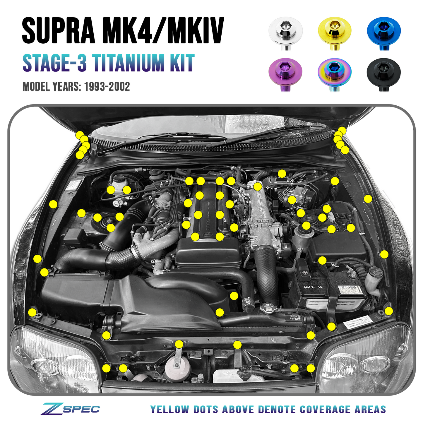 ZSPEC Stage-3 Dress Up Bolts® Fastener Kit for '93-02 Toyota Supra MKIV, Titanium