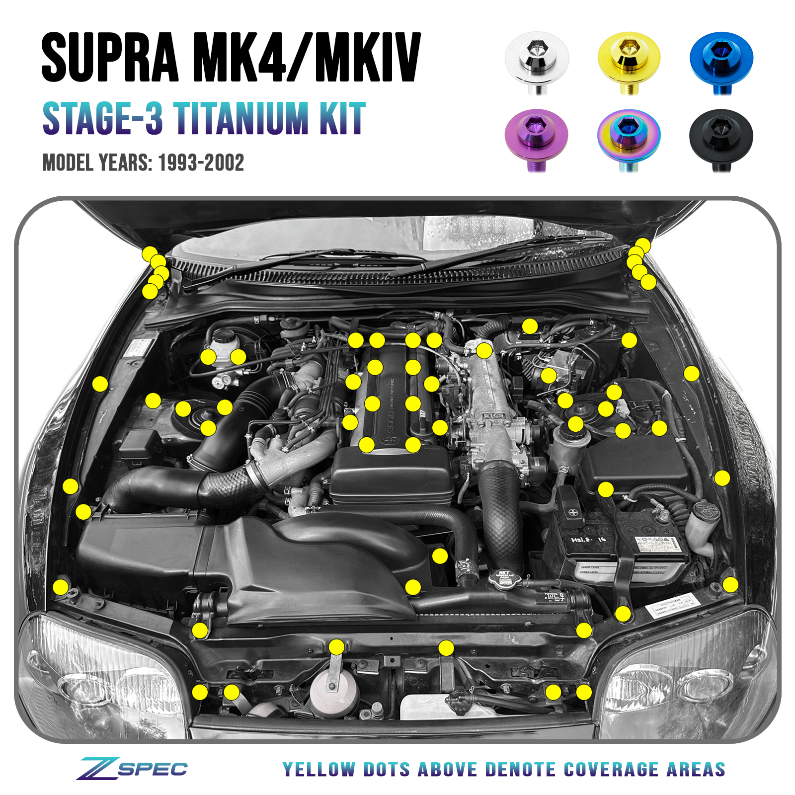 ZSPEC Stage-3 Dress Up Bolts® Fastener Kit for '93-02 Toyota Supra MKIV, Titanium