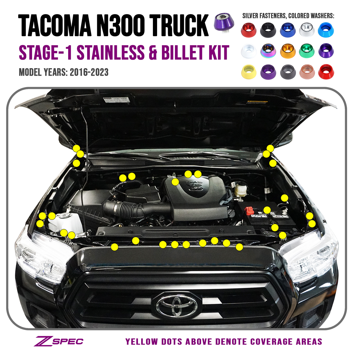 ZSPEC Stage-1 Dress Up Bolts® Fastener Kit for '16-23 Toyota Tacoma N300, Stainless & Billet