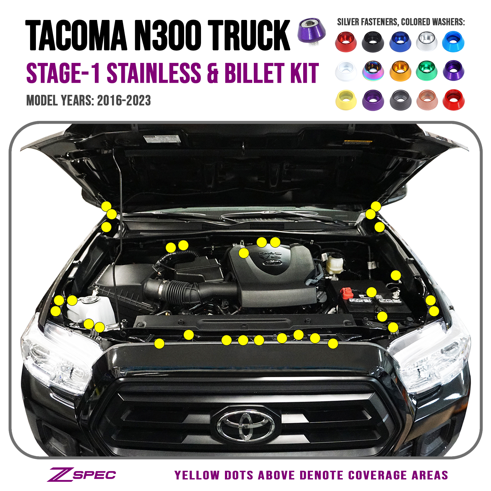 ZSPEC Stage-1 Dress Up Bolts® Fastener Kit for '16-23 Toyota Tacoma N300, Stainless & Billet