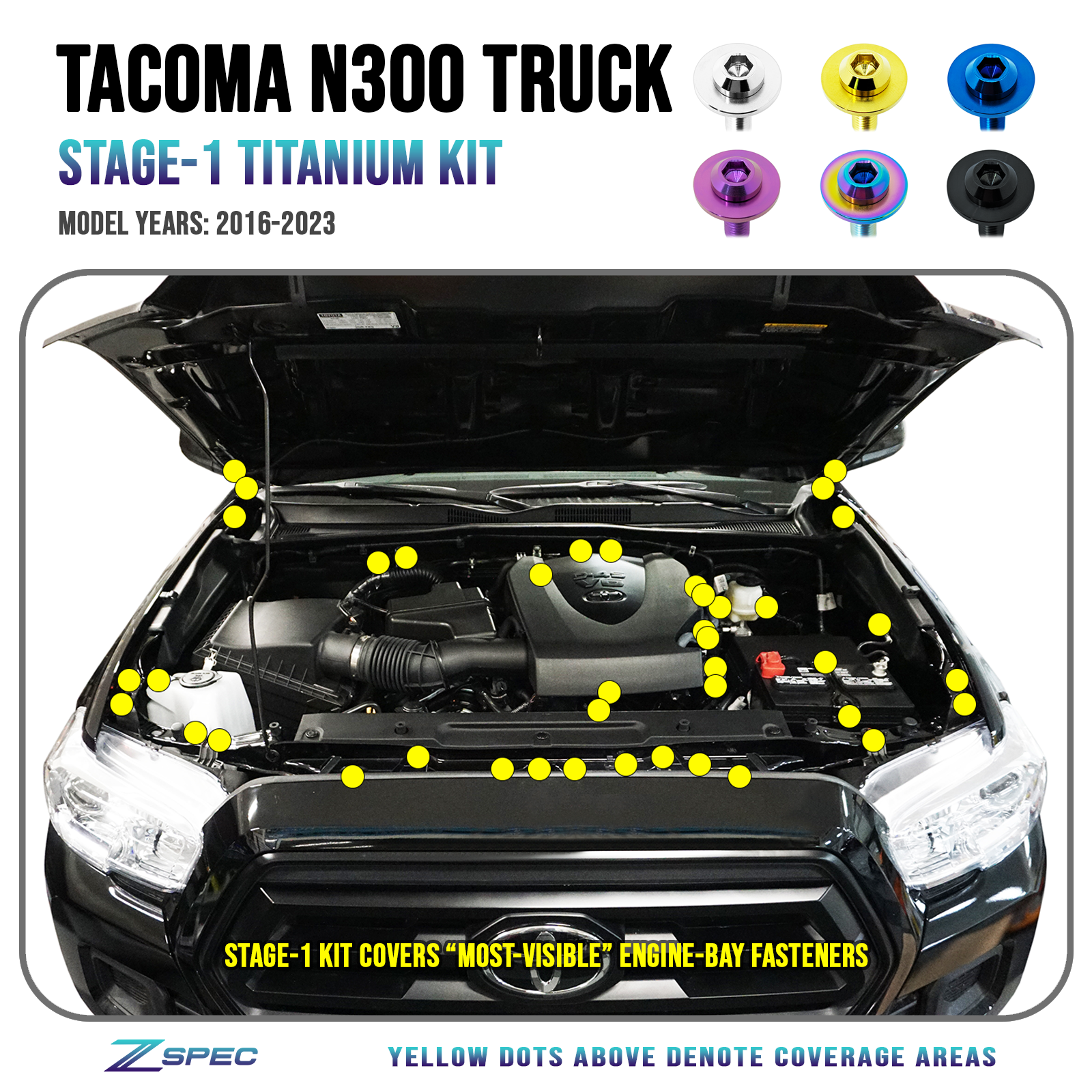 ZSPEC Stage-1 Dress Up Bolts® Fastener Kit for '16-23 Toyota Tacoma N300, Titanium