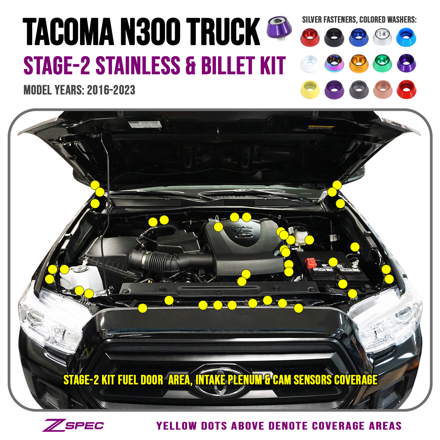 ZSPEC Stage-2 Dress Up Bolts® Fastener Kit for '16-23 Toyota Tacoma N300, Stainless & Billet