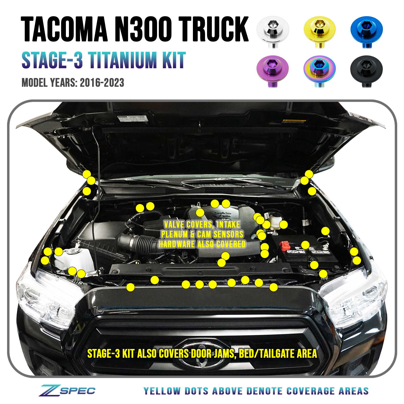 ZSPEC Stage-3 Dress Up Bolts® Fastener Kit for '16-23 Toyota Tacoma N300, Titanium