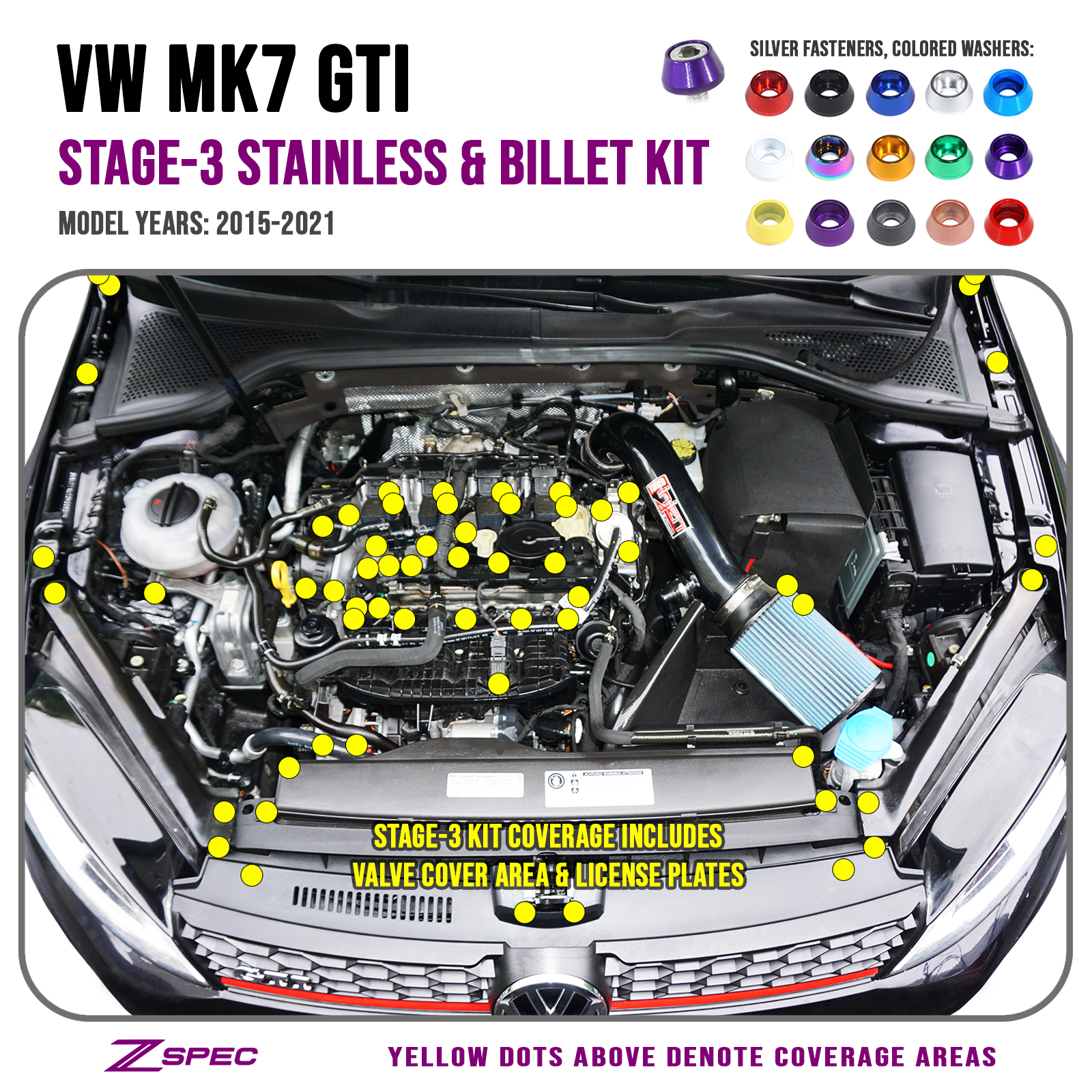 ZSPEC Stage-3 Dress Up Bolts® Fastener Kit for '15+ VW Golf GTI 2.0L MK7, Stainless & Billet