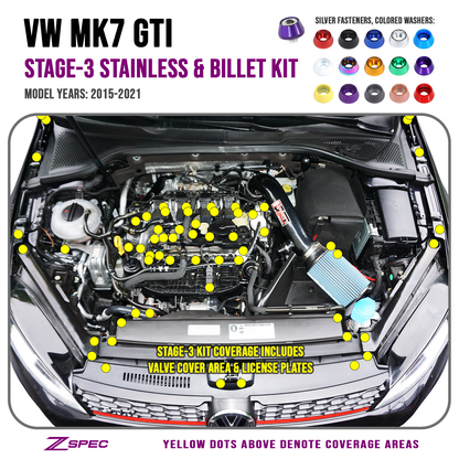 ZSPEC Stage-3 Dress Up Bolts® Fastener Kit for '15+ VW Golf GTI 2.0L MK7, Stainless & Billet