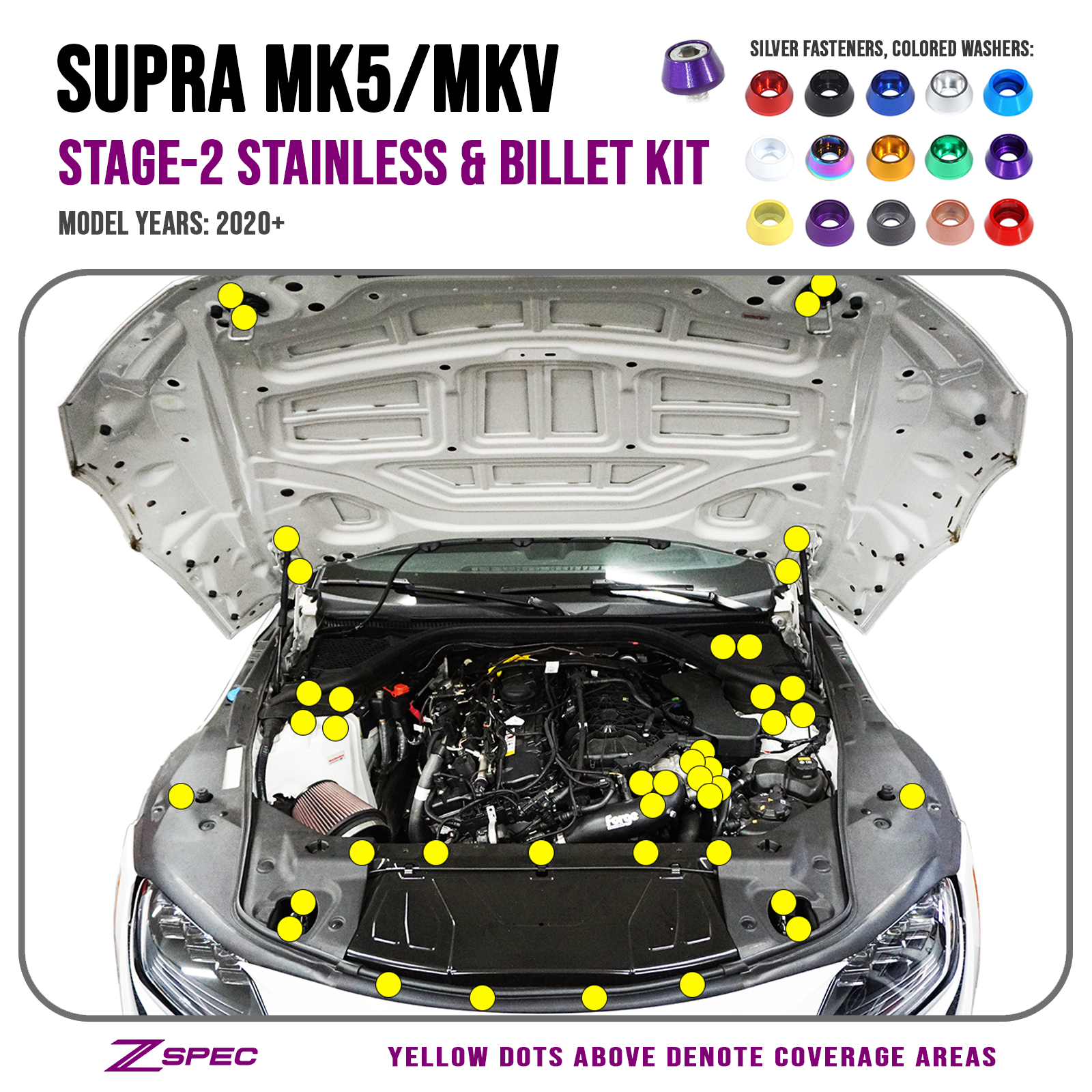 ZSPEC Stage-2 Fastener Kit for '20+ Toyota Supra MKV GR A90, Stainless & Billet
