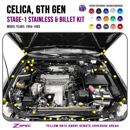 ZSPEC Stage-1 Dress Up Bolts® Fastener Kit for '94-99 Toyota Celica, Stainless & Billet