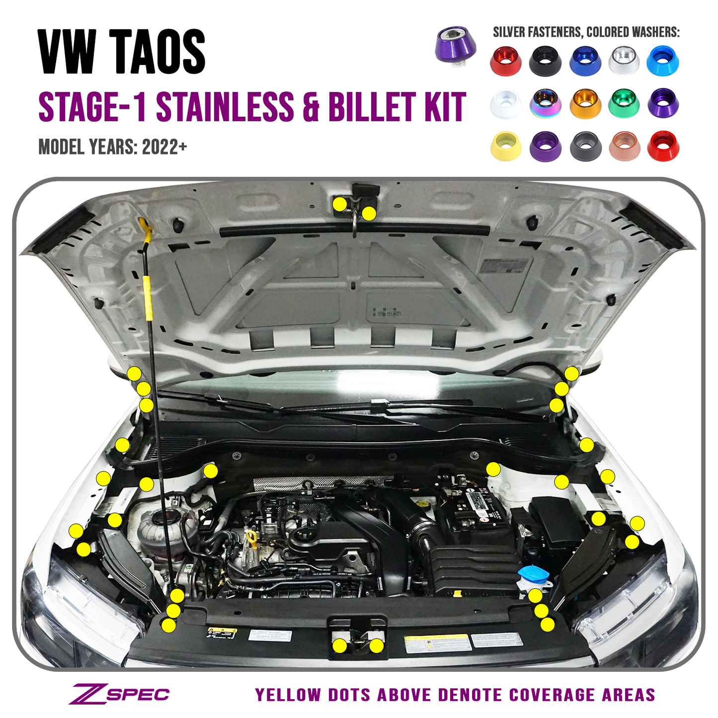 ZSPEC Stage-1 Dress Up Bolts® Fastener Kit for '22+ VW Taos, Stainless & Billet