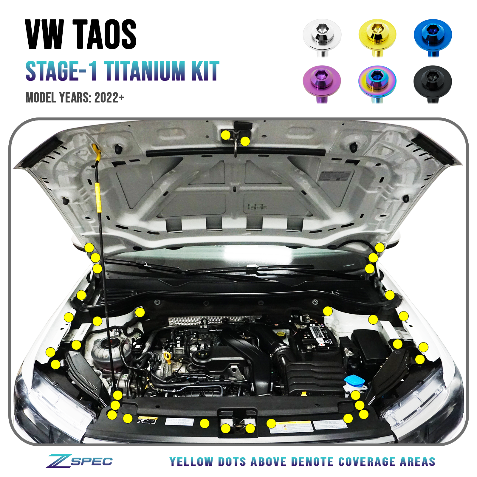 ZSPEC Stage-1 Dress Up Bolts® Fastener Kit for '22+ VW Taos, Grade-5 Titanium