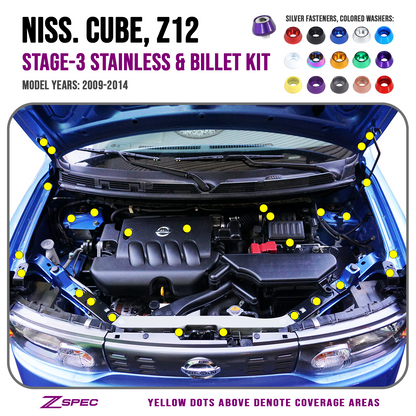 ZSPEC Stage-3 Dress Up Bolts® Fastener Kit for '98-14 Nissan Cube, Stainless & Billet