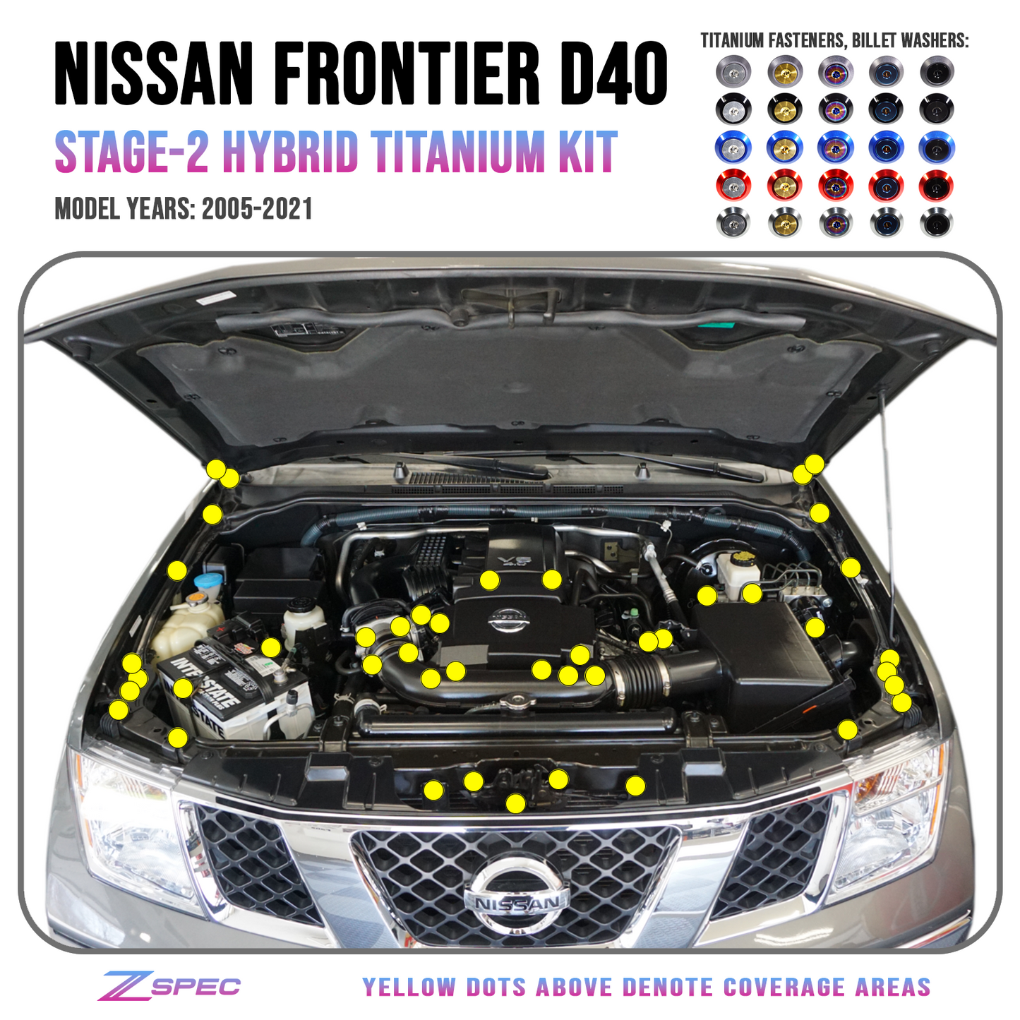 ZSPEC Stage-2 Dress Up Bolts® Fastener Kit for '05-21 Nissan Frontier D40, Titanium & Billet