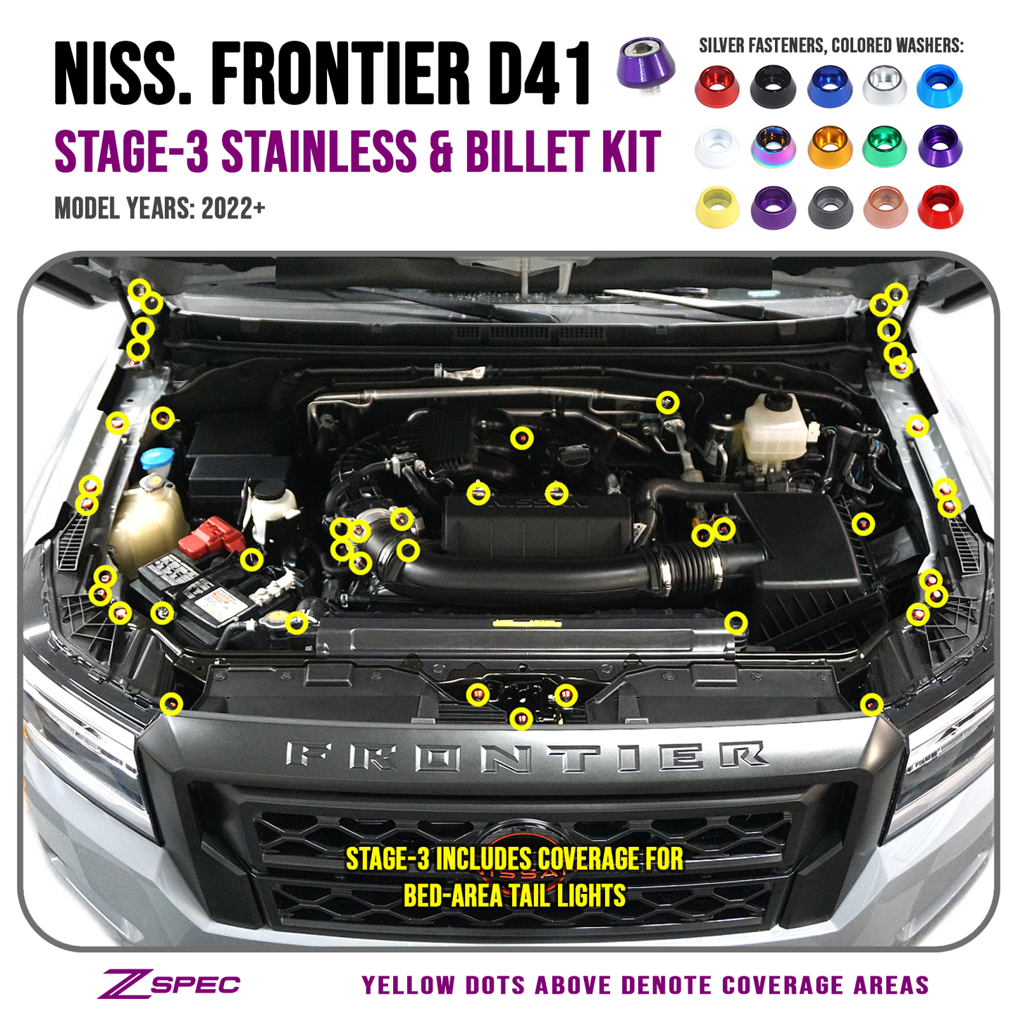 ZSPEC Stage-3 Dress Up Bolts® Fastener Kit for '22+ Nissan Frontier D41, Stainless & Billet