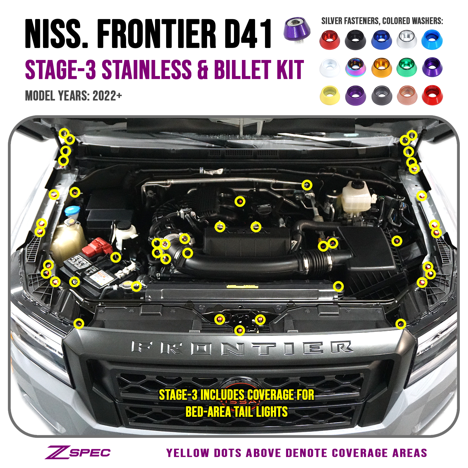ZSPEC Stage-3 Dress Up Bolts® Fastener Kit for '22+ Nissan Frontier D41, Stainless & Billet
