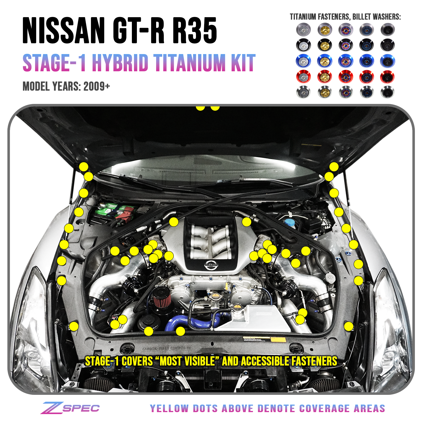 ZSPEC Stage-1 Dress Up Bolts® Fastener Kit for '09-23 Nissan GTR (R35), Titanium & Billet