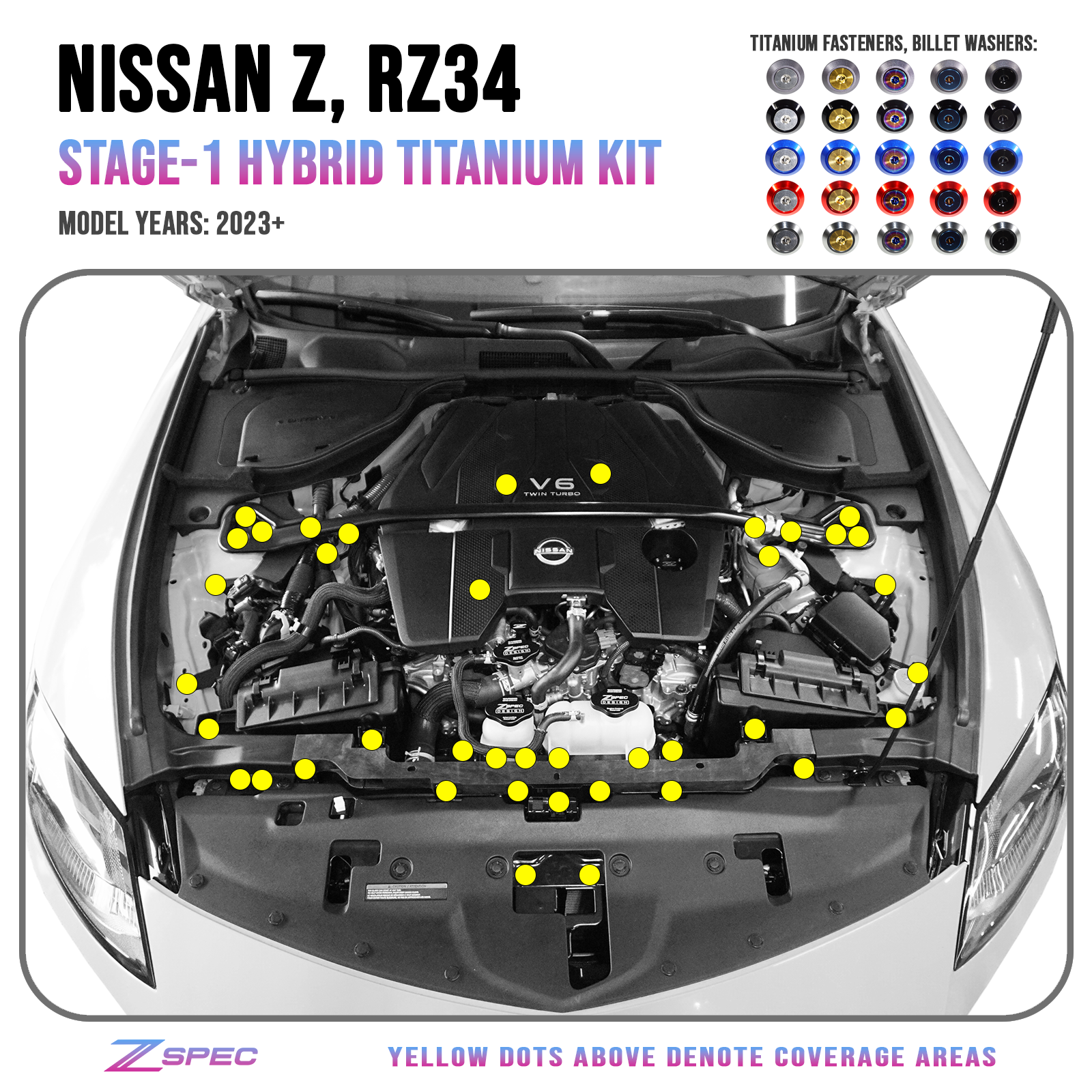 ZSPEC Stage-1 Dress Up Bolts® Hardware Kit for Nissan Z RZ34, Titanium & Billet