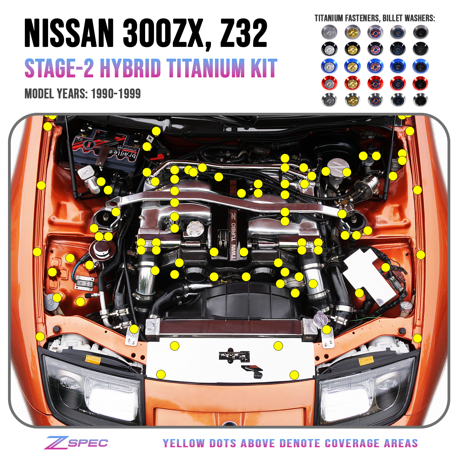 ZSPEC Stage-2 Dress Up Bolts® Kit for Nissan 300zx Z32, Titanium & Billet