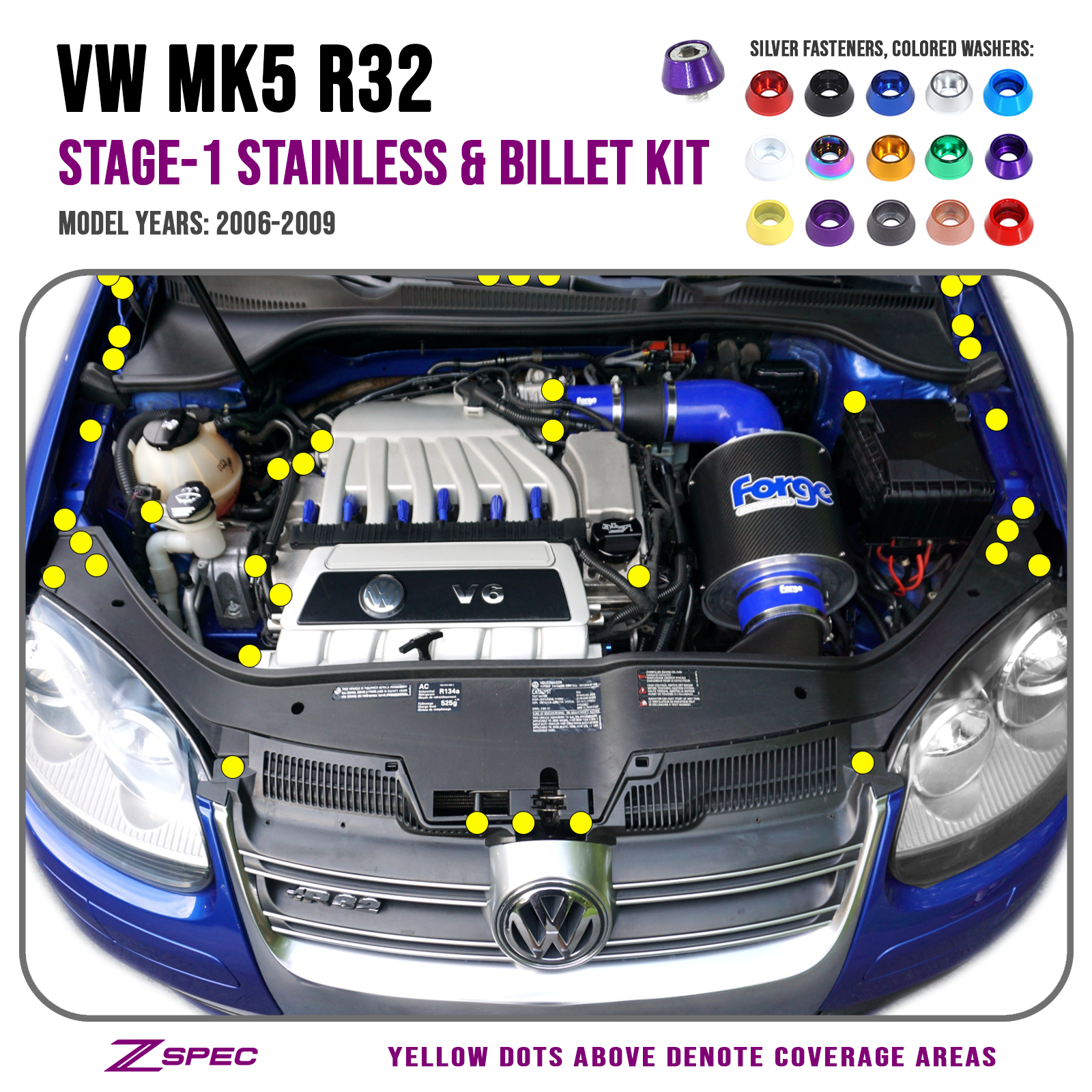 ZSPEC Stage-1 Dress Up Bolts® Fastener Kit for '06-09 VW Golf R32 MK5, Stainless & Billet