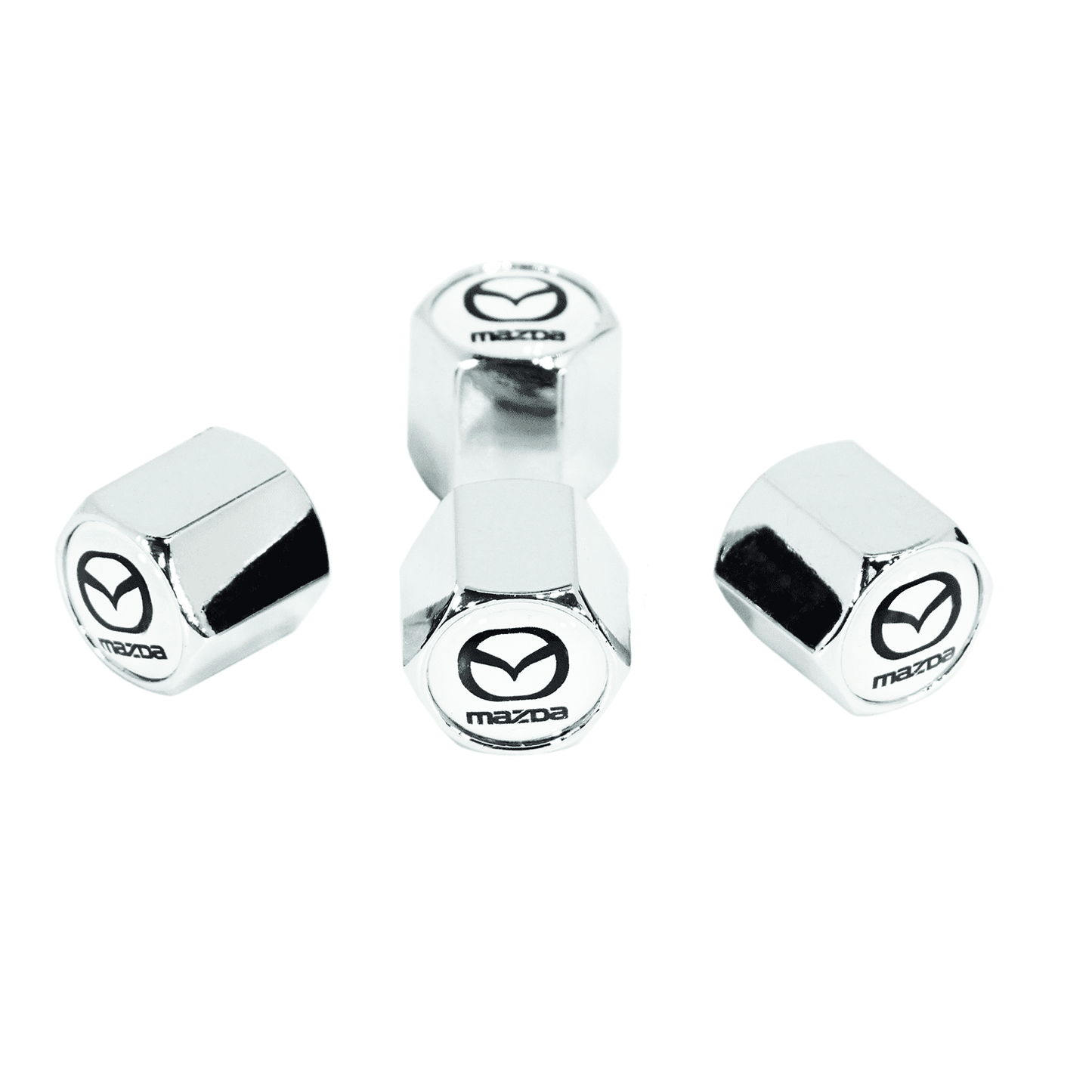 Chrome Valve Stem Tire Caps, Style: MAZDA on White Background